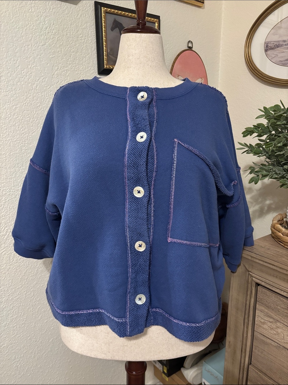 Free People Matilda Sweatshirt Baja Blue Short Sleeve Size Small NWT
